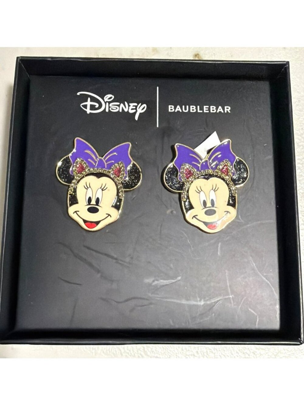 Disney BaubleBar Minnie Mouse Face Stud Earrings Purple & Gold Gift Boxed